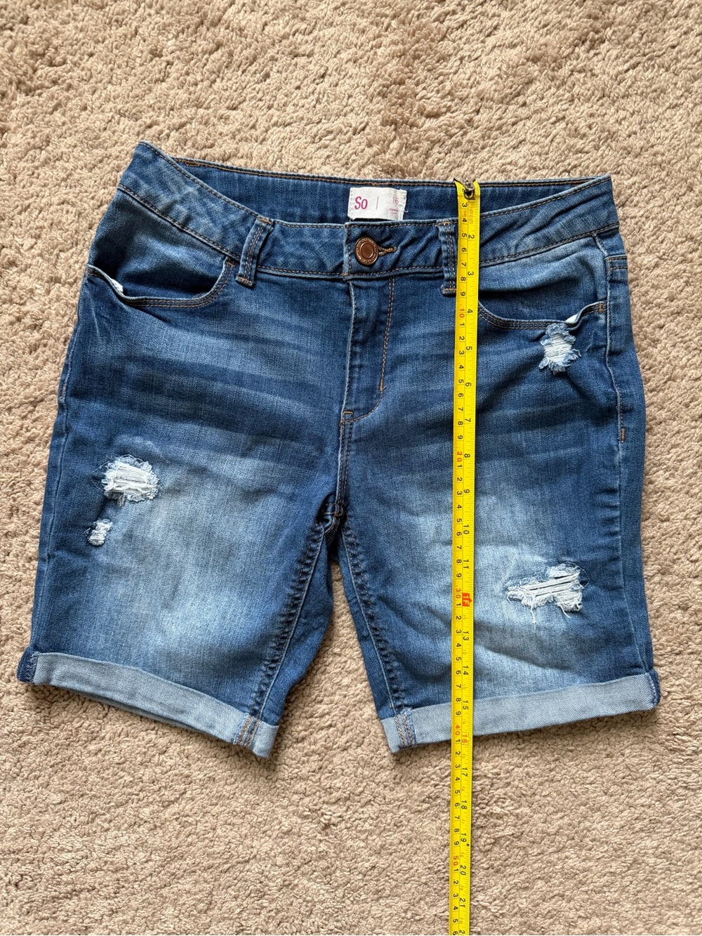 SO girls Distressed Blue Denim Bermuda Shorts rolled cuffs jeans 16 long
